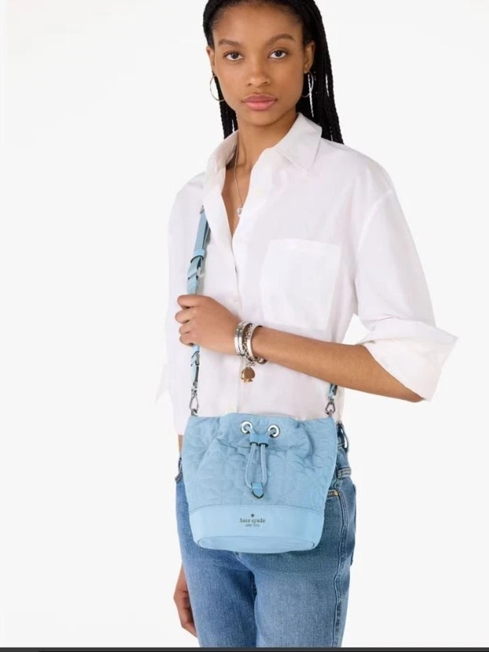 kate spade Light Blue Quilted Heart-Pattern Drawstring Crossbody